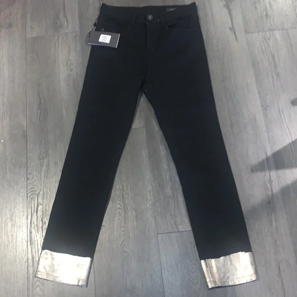 Rag & Bone NWT Bilbury Ankle Cigarette Metallic Hem Jean Size 25 Black/Gold - Picture 8 of 14